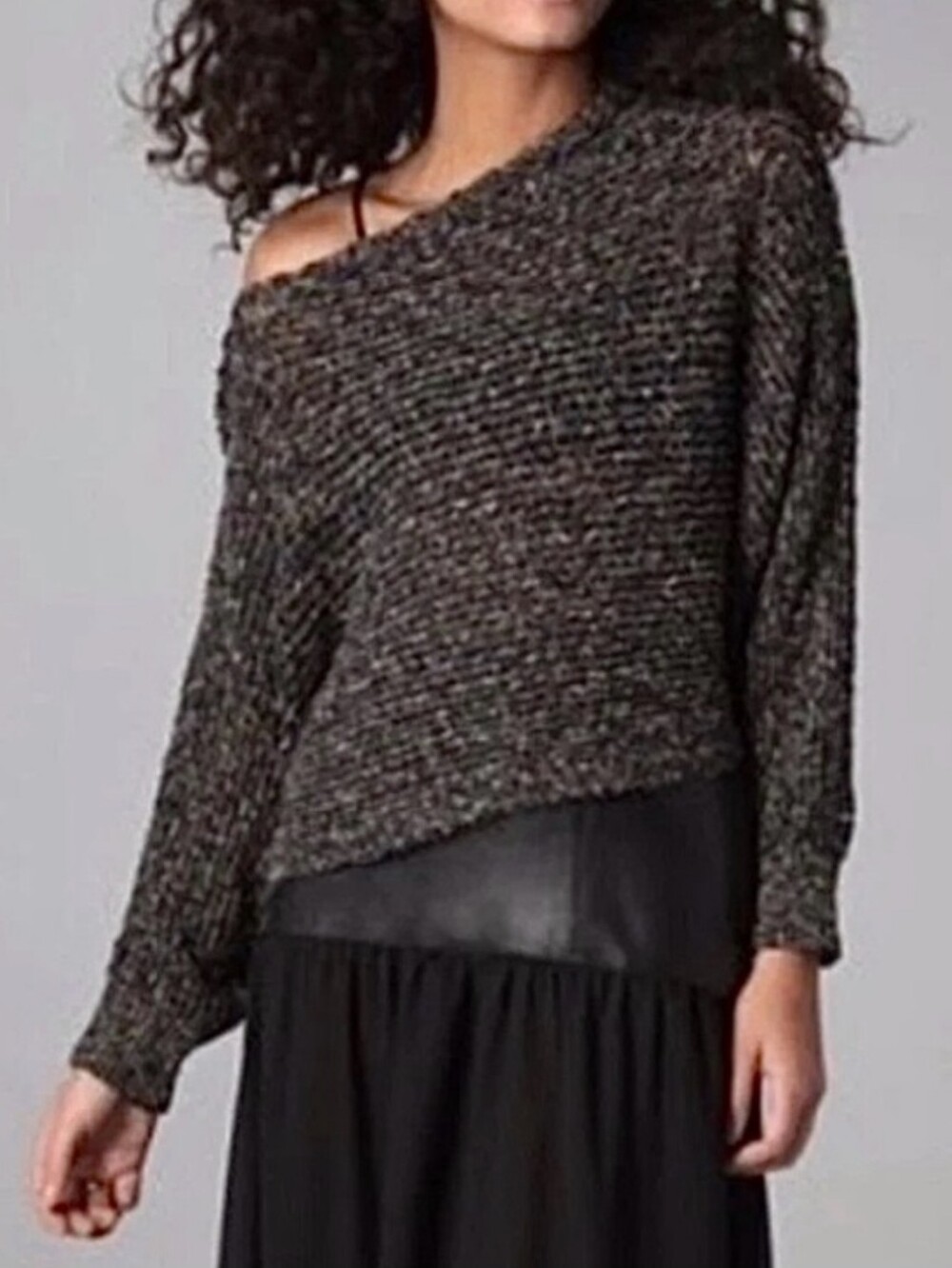 FREE PEOPLE Linen Blend Confetti Knit Boat Neck Off-The-Shoulder Crop Sweater